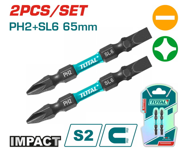TOTAL Impact screwdriver bits ΡH2+SL6 65mm 2pcs (TACIM72HL665)